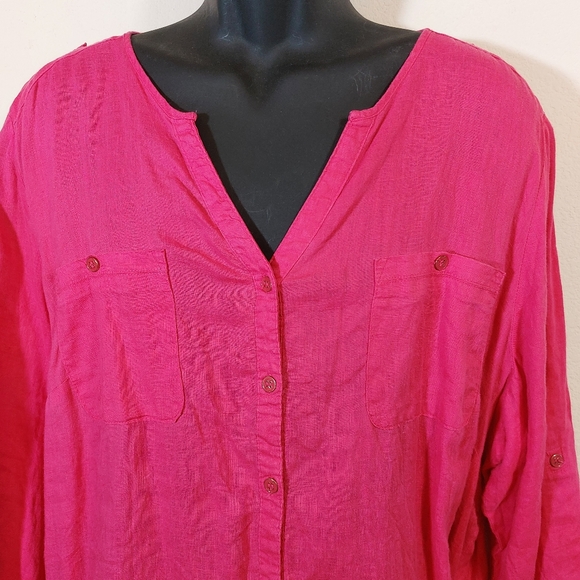100% Linen Long, Roll Up Sleeves Hot Pink Plus Size Shirt size XXL - Picture 2 of 10